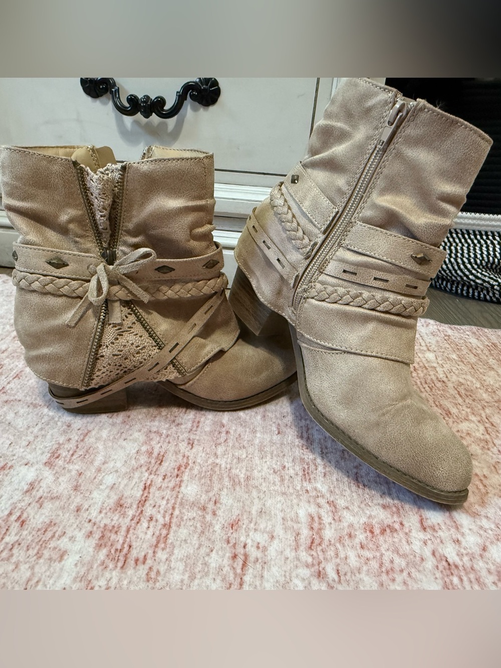 Jellypop Beige Braided Suede Ankle Booties with Side Zipper